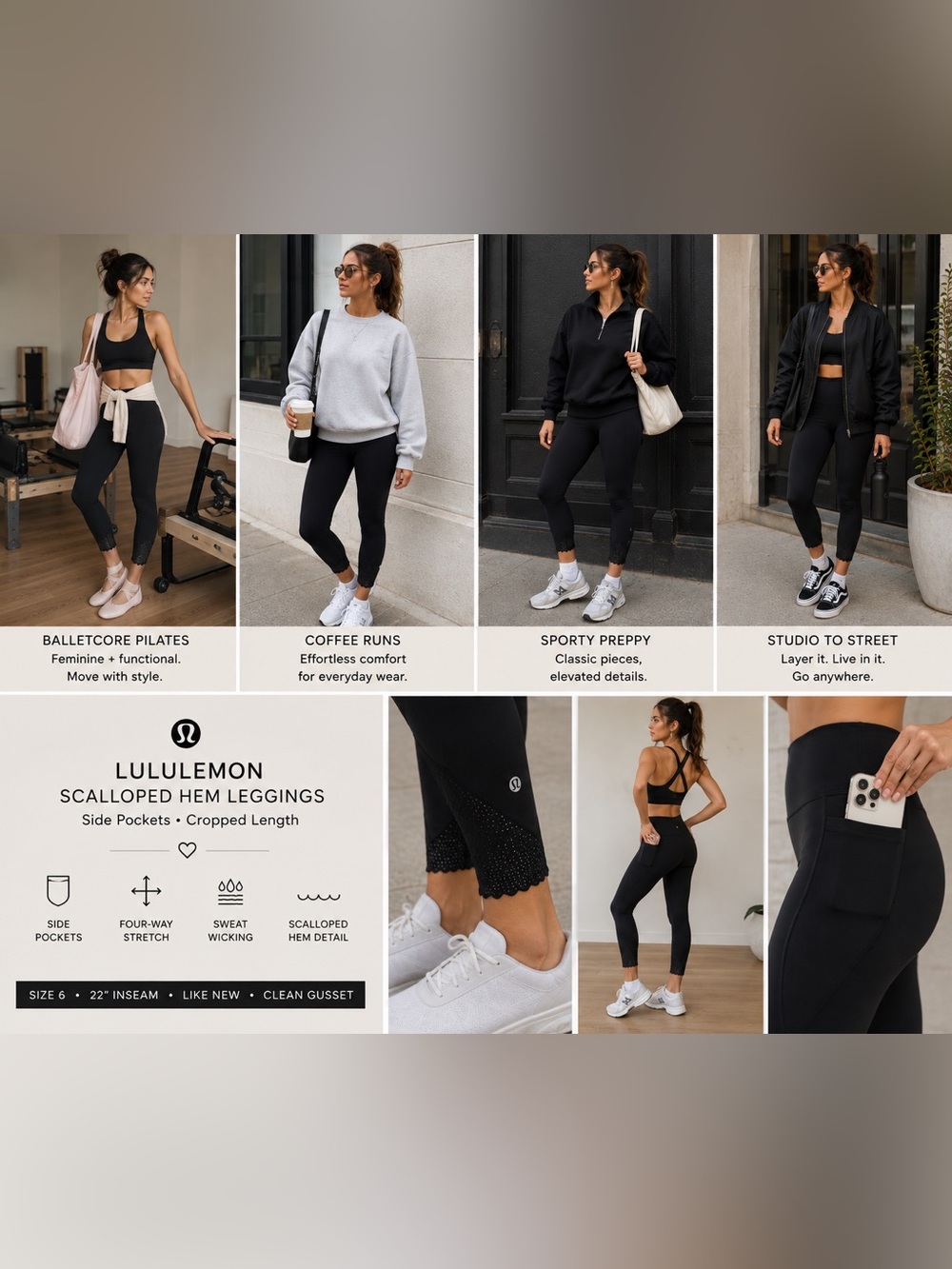 lululemon Black Scalloped Hem Crop Leggings Side Pockets Size 6